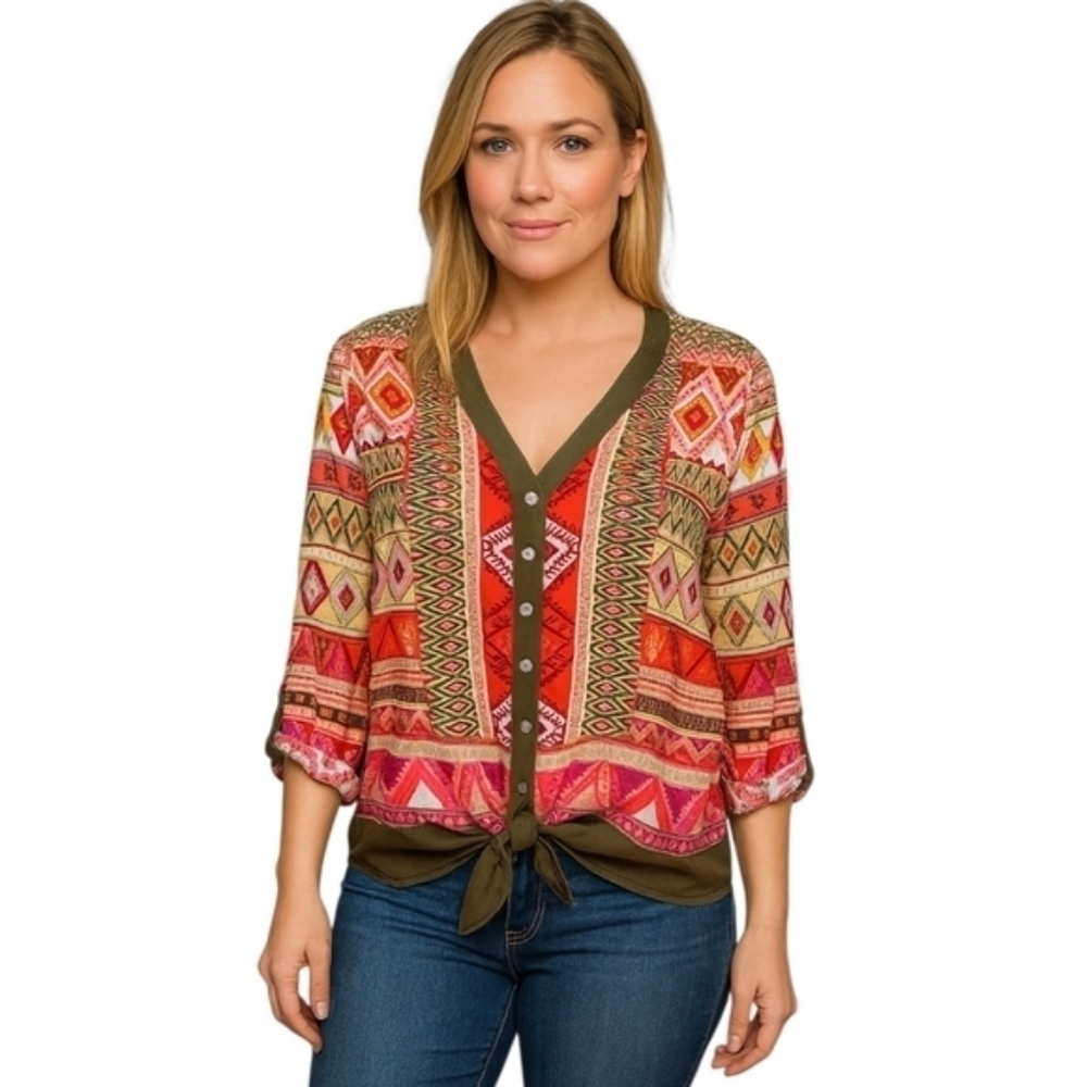 Ruby Rd. Womans V Neck Button Down Aztec Colorful Tie Waist Blouse Top 3X